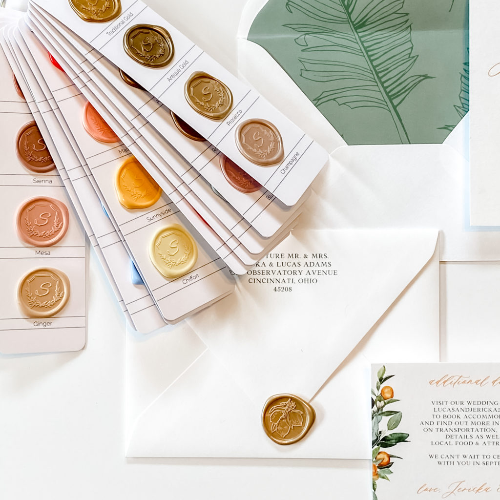 different colored wax seals for a wedding invitation