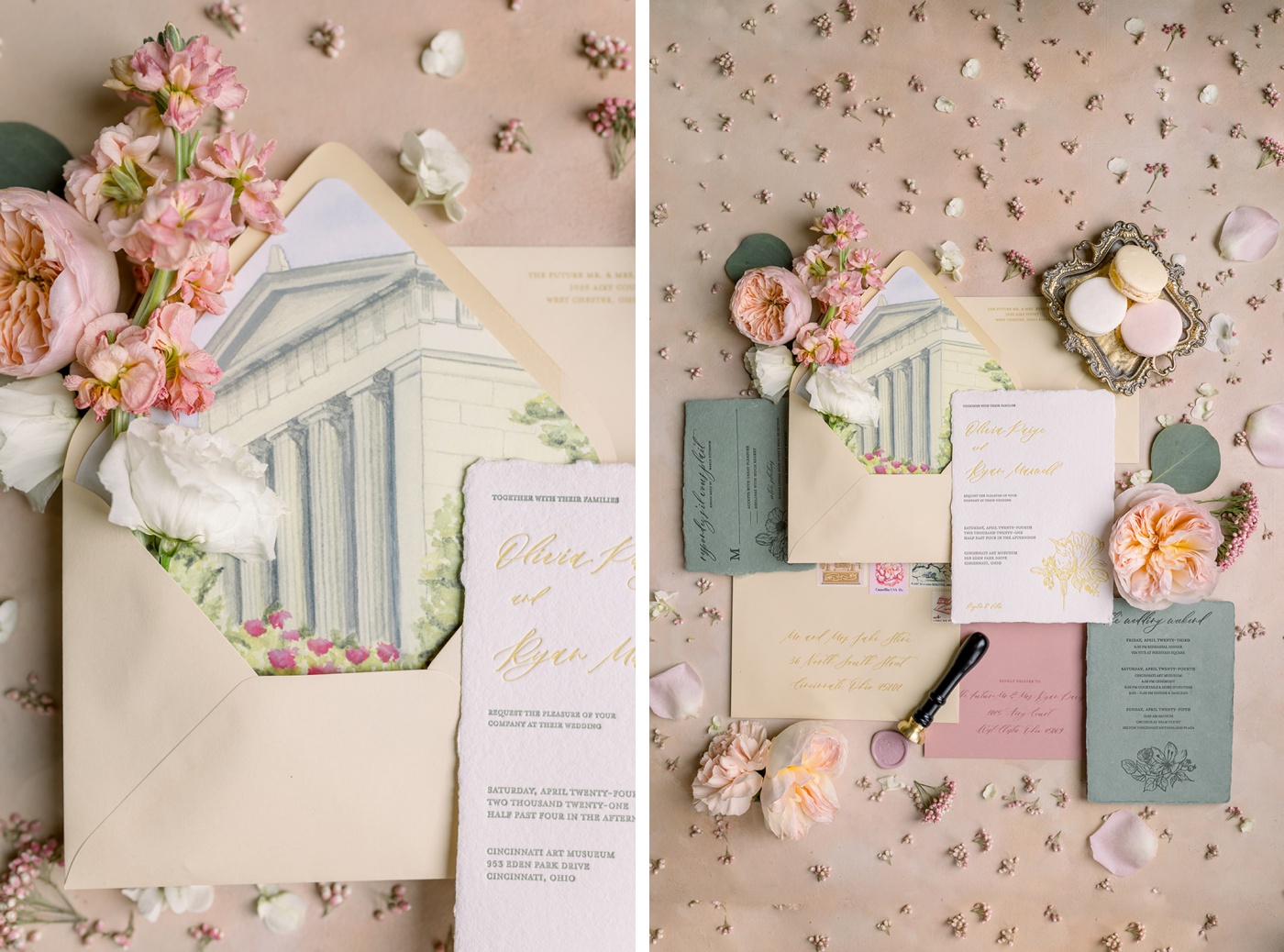 Pink and gold custom wedding invitation suite by Kindly Delivered