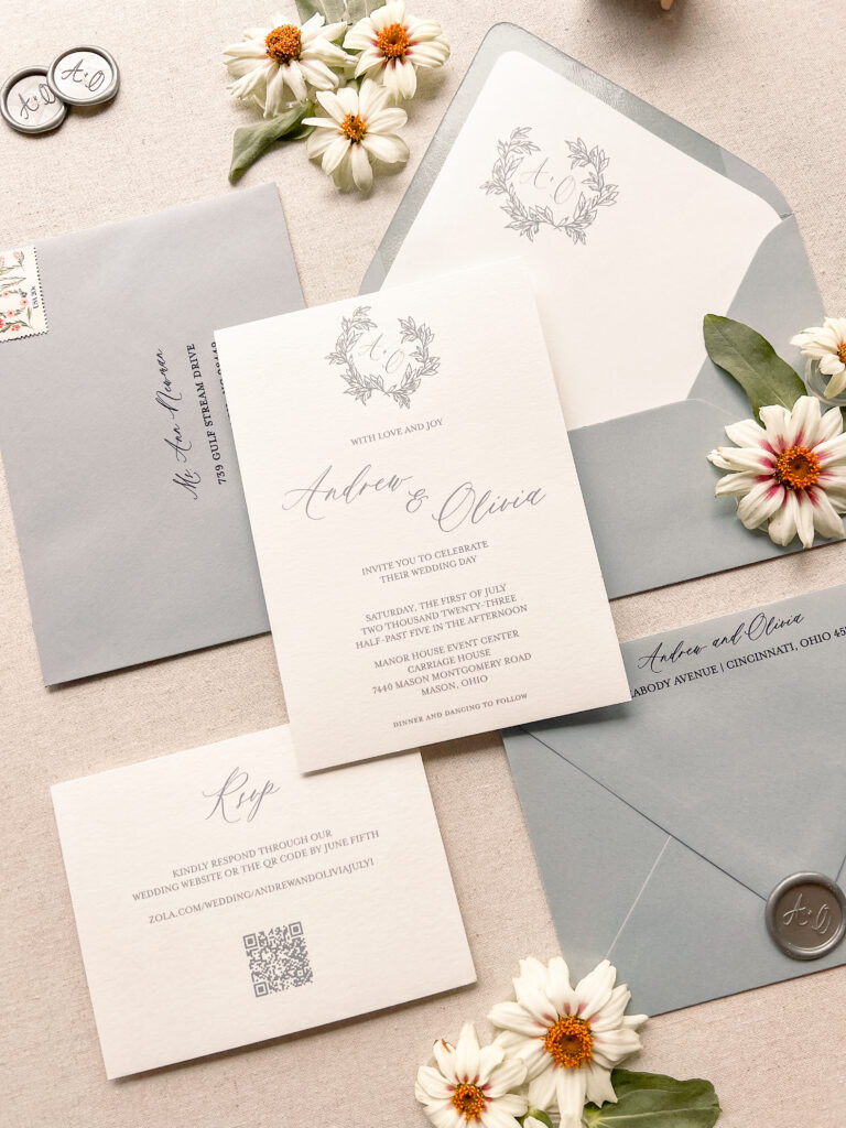 grey monogram wedding invitations