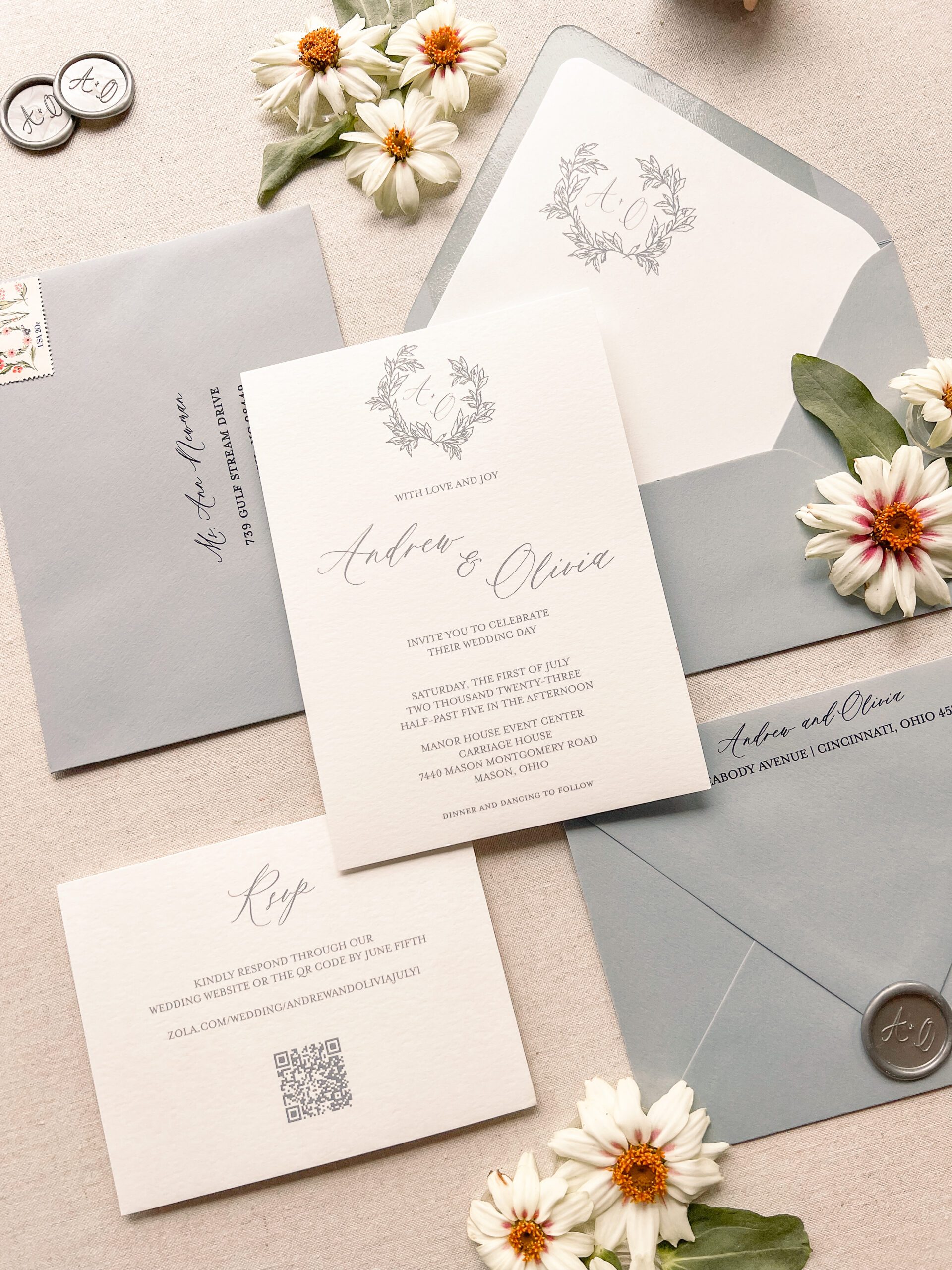 neutral wedding invitations with monogram is a top wedding invitations trend