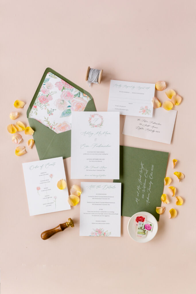 green and pink wedding invitations