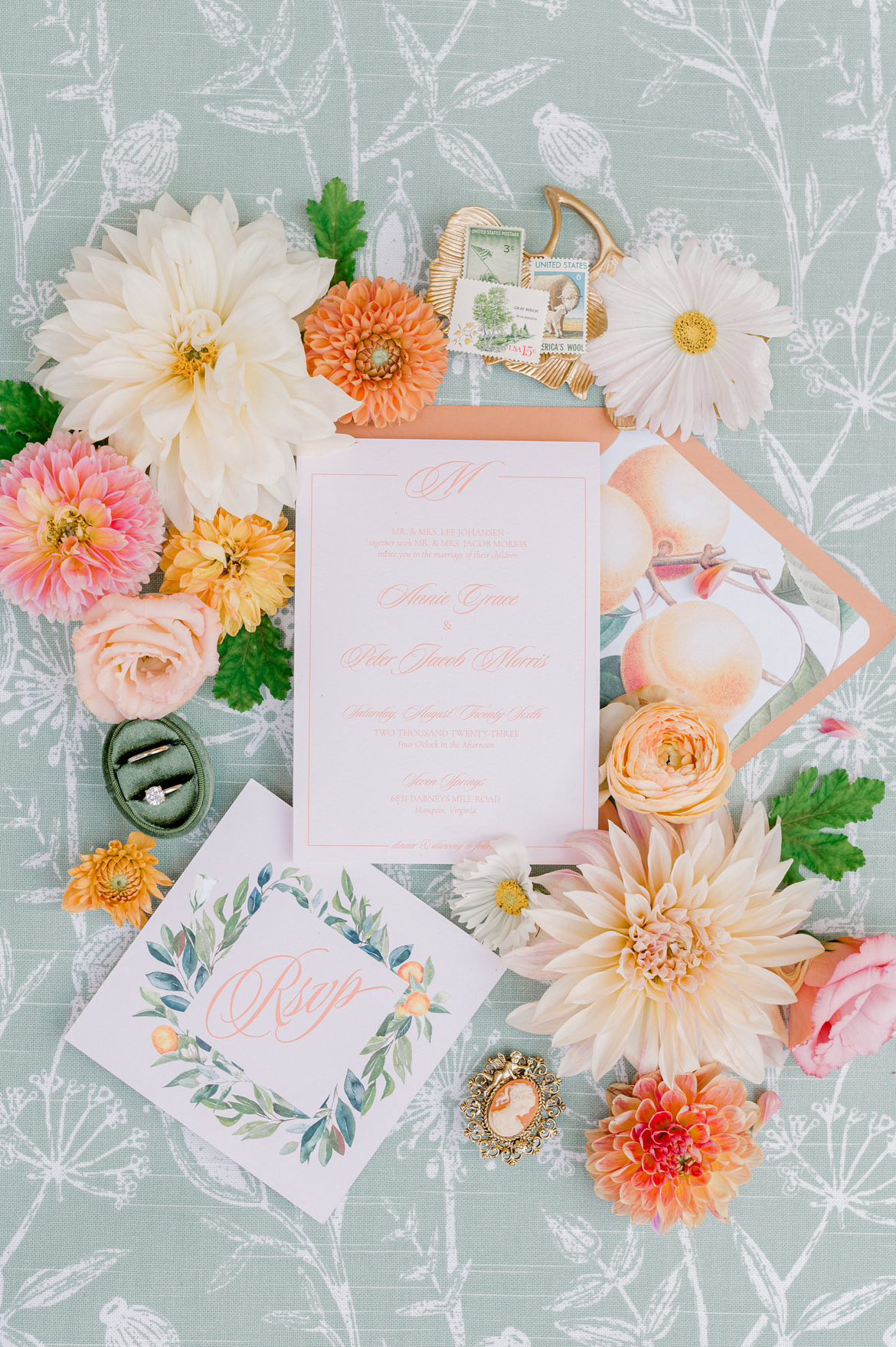 PEACH COLORED INVITATION AND RSVP FLAT LAY