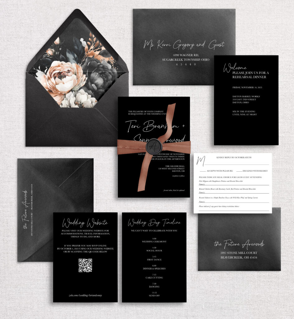 black and white monochromatic wedding invitation