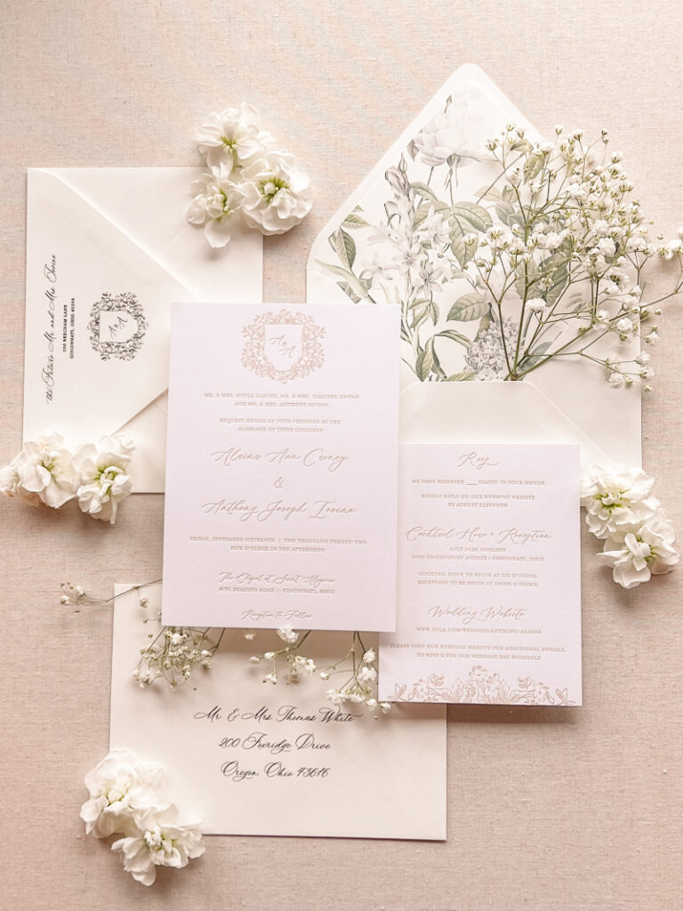 FLAY LAY OF SIMPLE WHITE WEDDING INVITATION SUITE