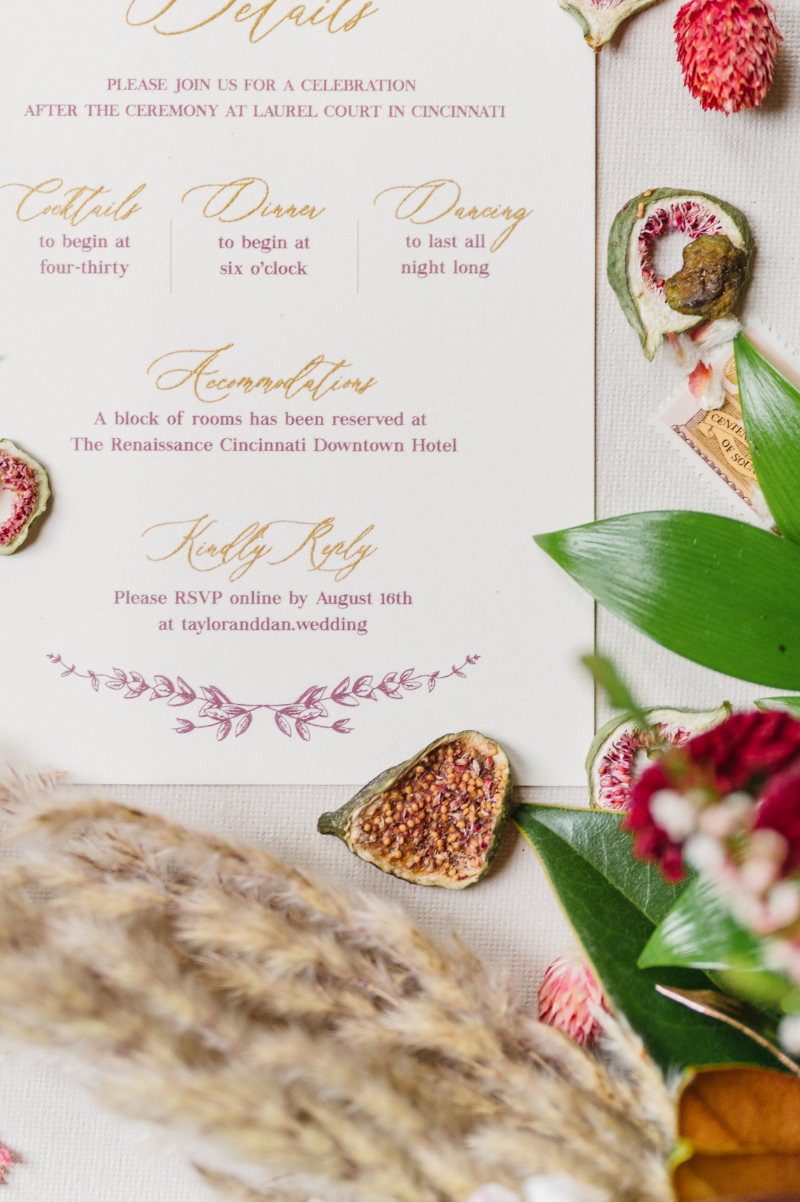 BURGUNDY AND GOLD DAY OFF WEDDING DETAILS CARD 