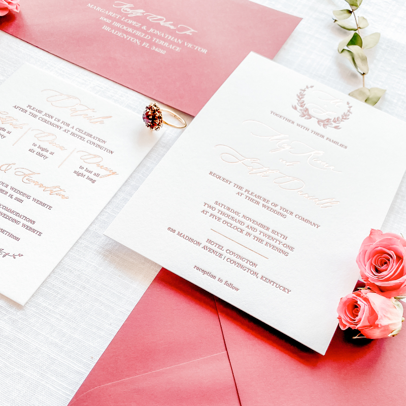 PINK AND WHITE WEDDING INVITATION SUITE FLAT LAY